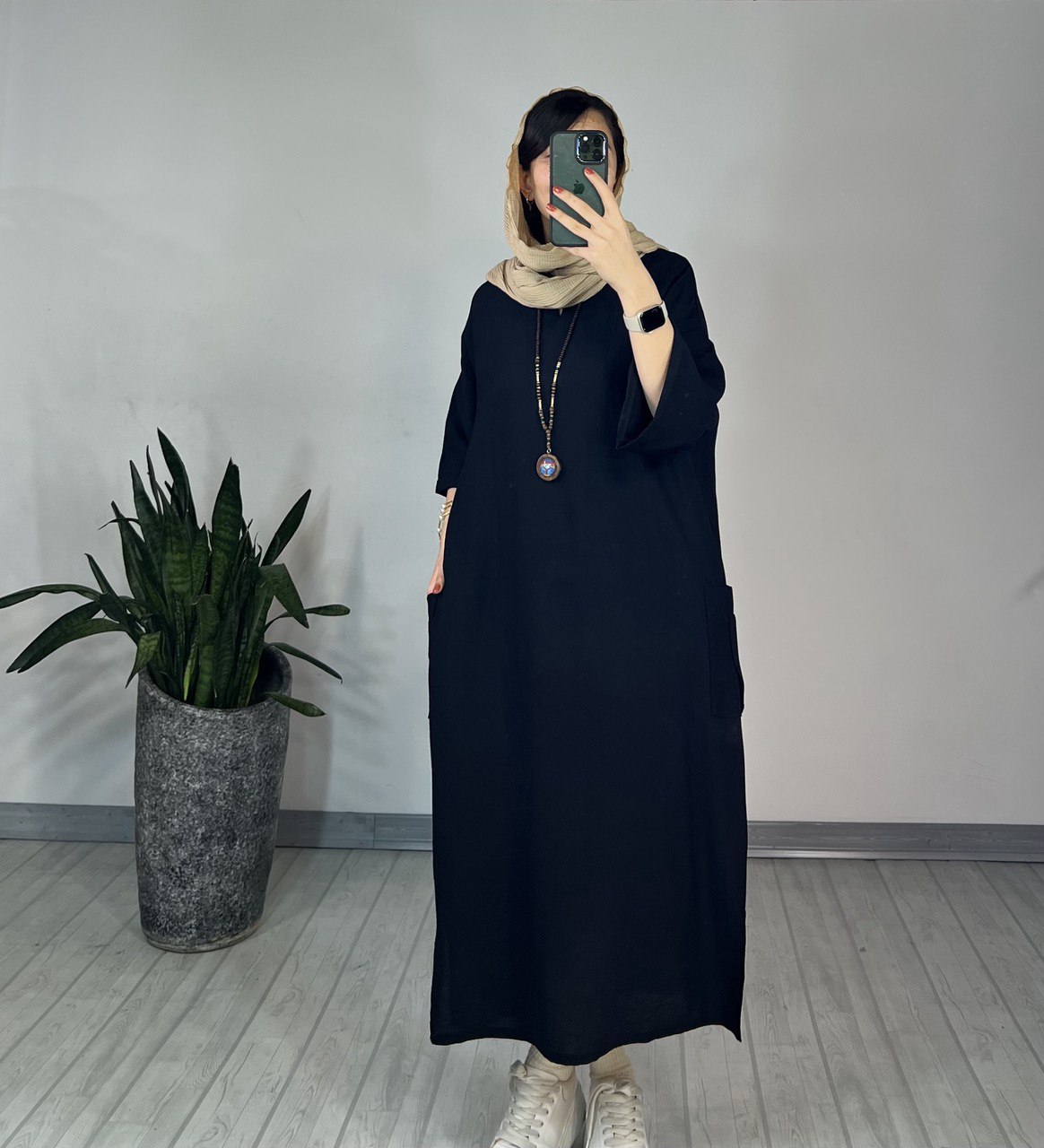 پیراهن مانتویی زیتون مشکی
