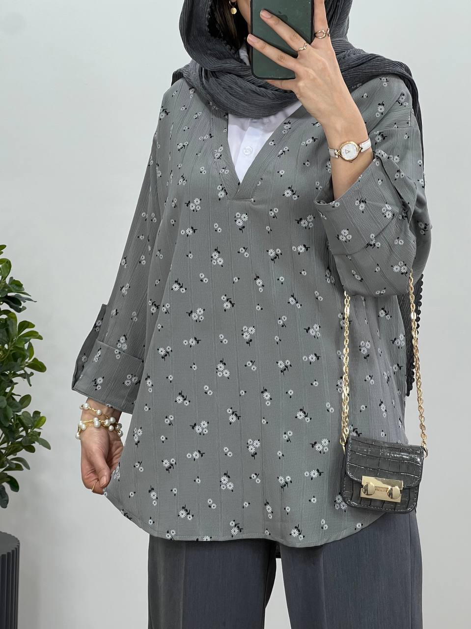 تونیک مانتویی گلدار یقه دار