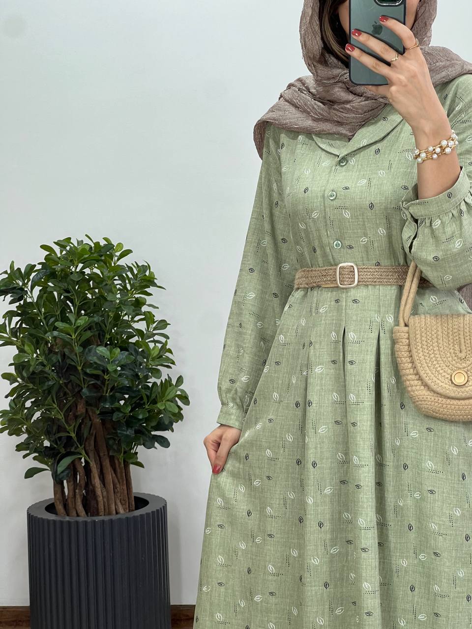 پیراهن مانتویی بلند کاج به همراه کمربند کد 2577