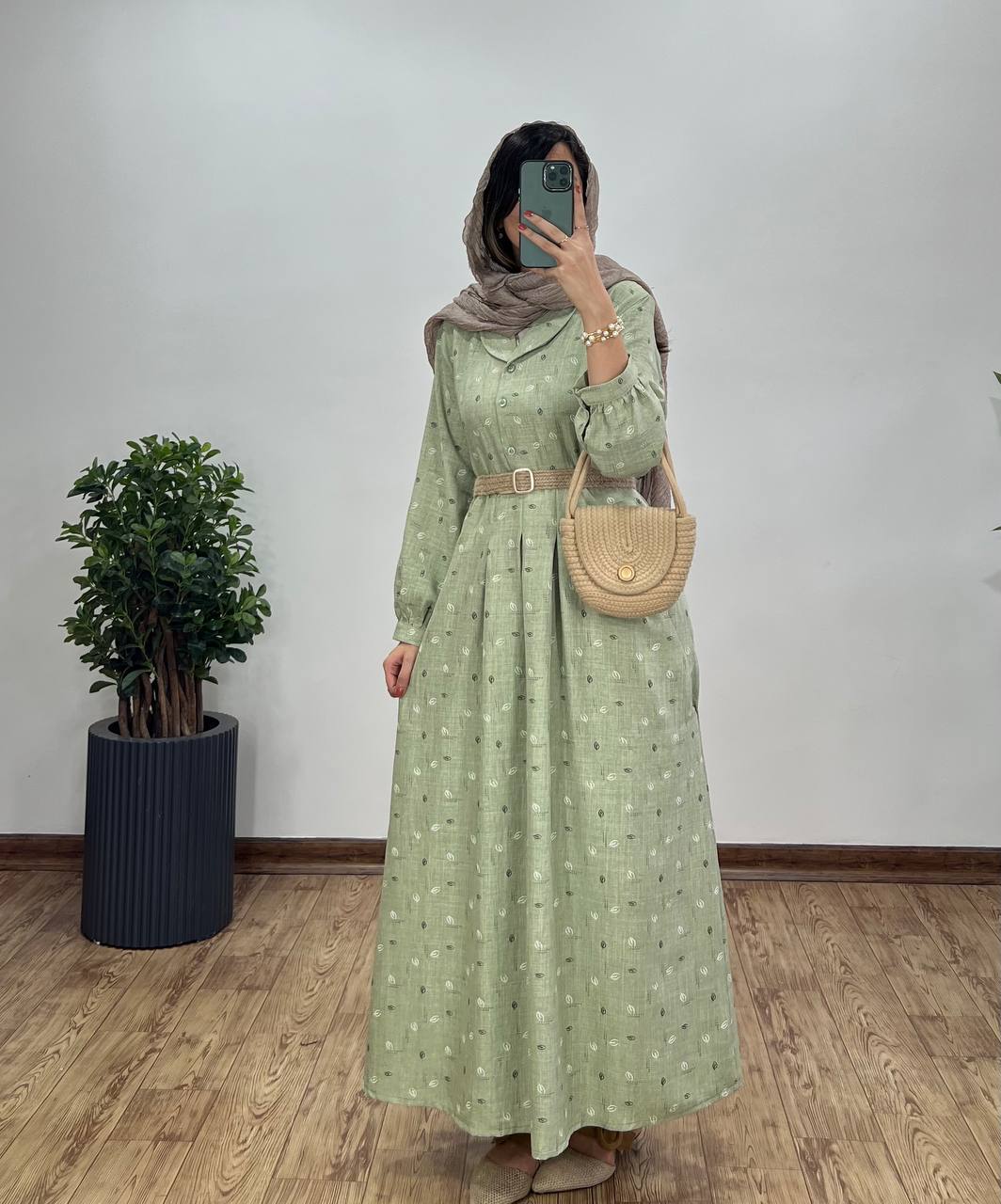 پیراهن مانتویی بلند کاج به همراه کمربند کد 2577